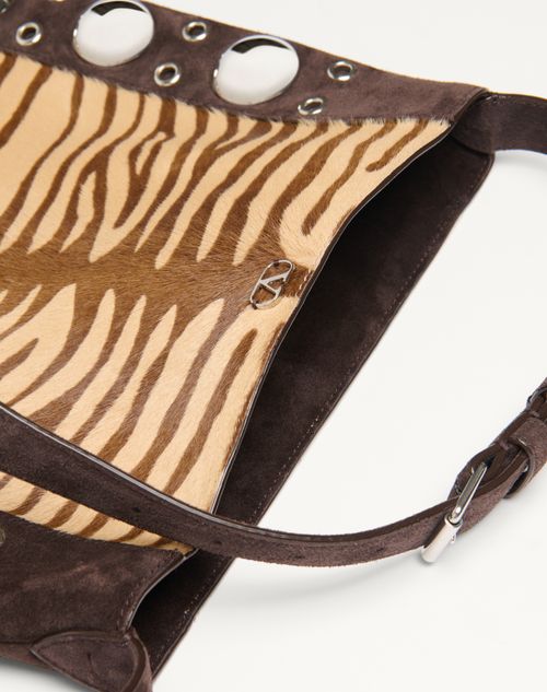 Valentino Garavani - Valentino Garavani Nellcôte Shoulder Bag In Animalier Pony Effect Calfskin With Fringes - Beige/testa Di Moro - Woman - Shoulder Bags